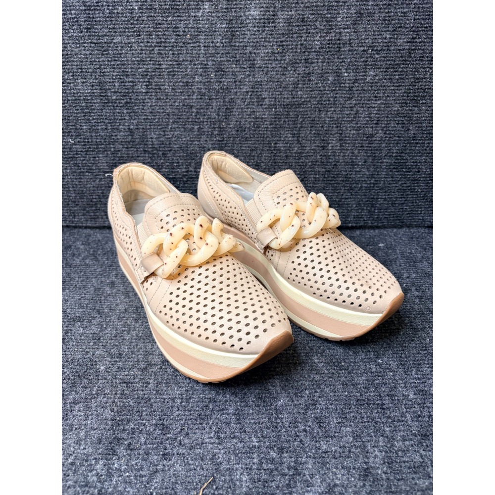 Dolce Vita Beige Perforated Leather Platform Loafers with Chain Detail Size 8.5